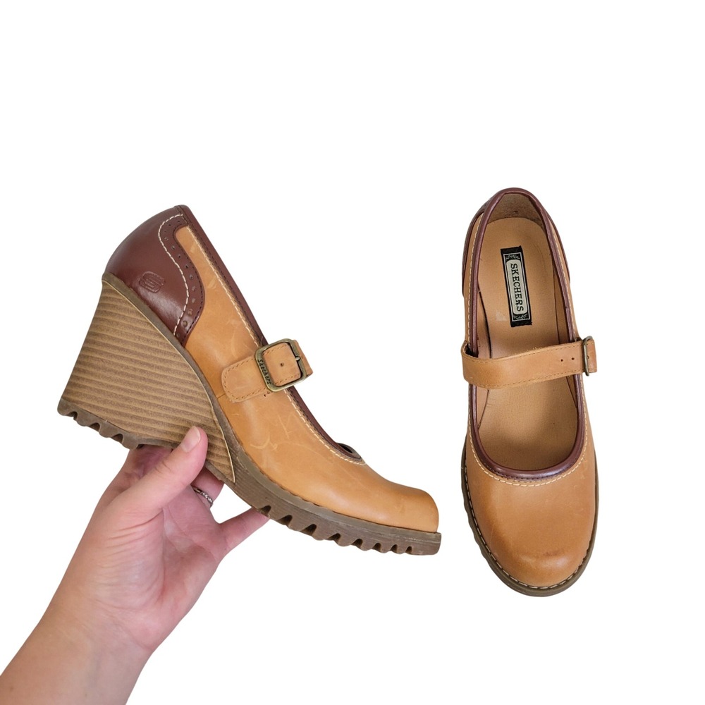 Retro Skechers Leather Heeled Mary Janes Shoes Tan Size 8.5